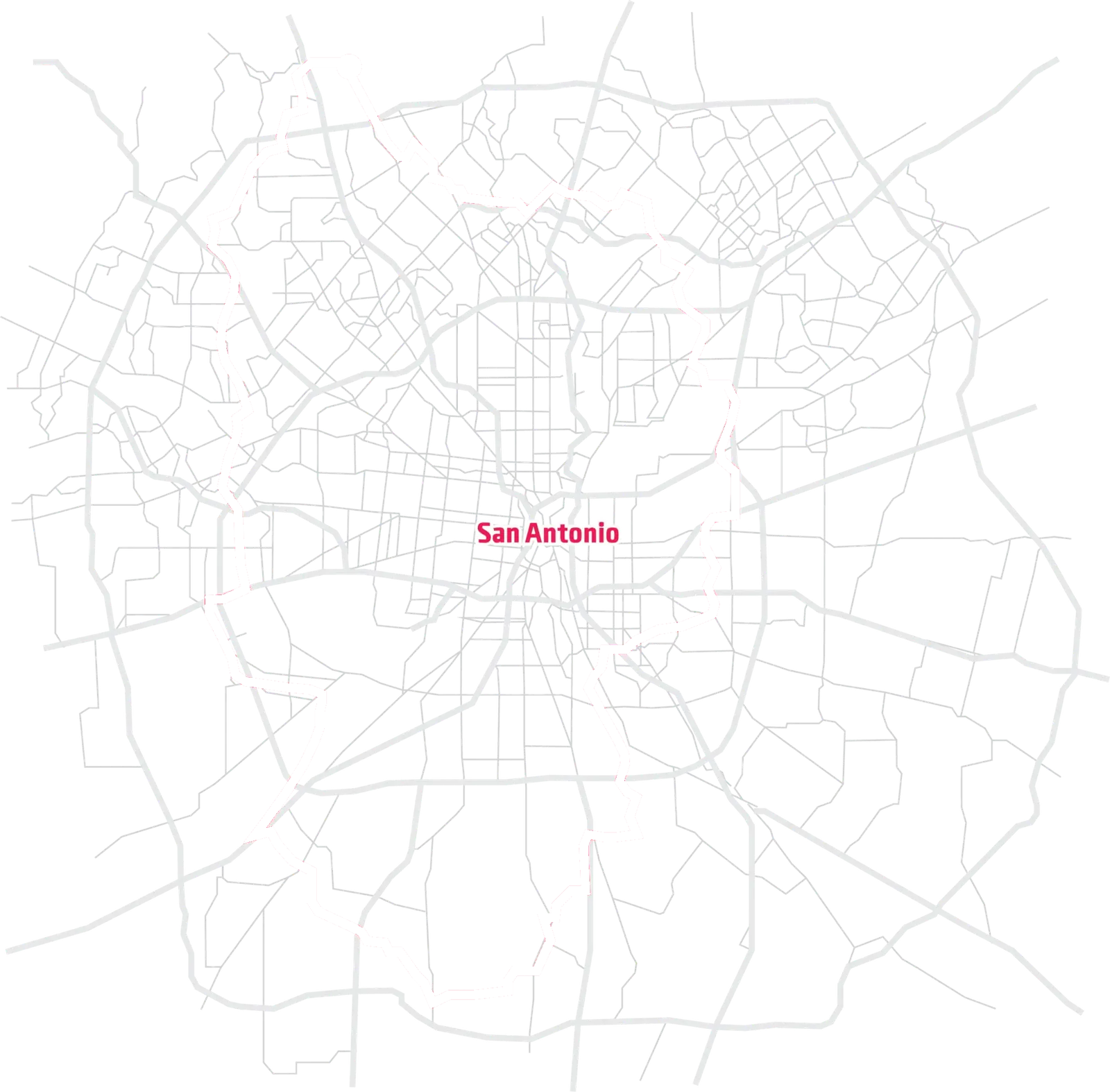 Street map of San Antonio with a walking route traced in red around the city