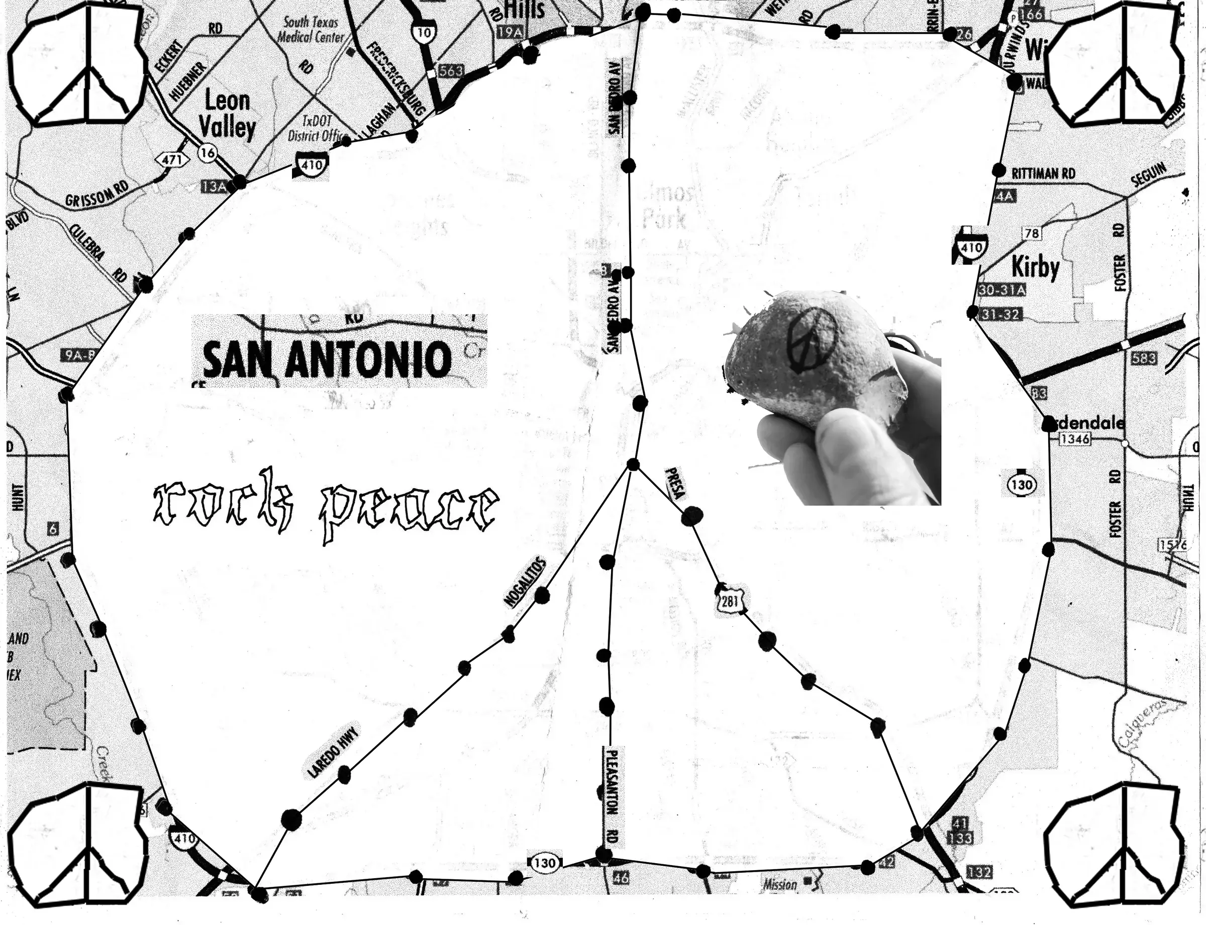 A peace sign walked across a road map of San Antonio, from Leon Valley to Kirby and down to Mission, with a rock marked with a peace sign